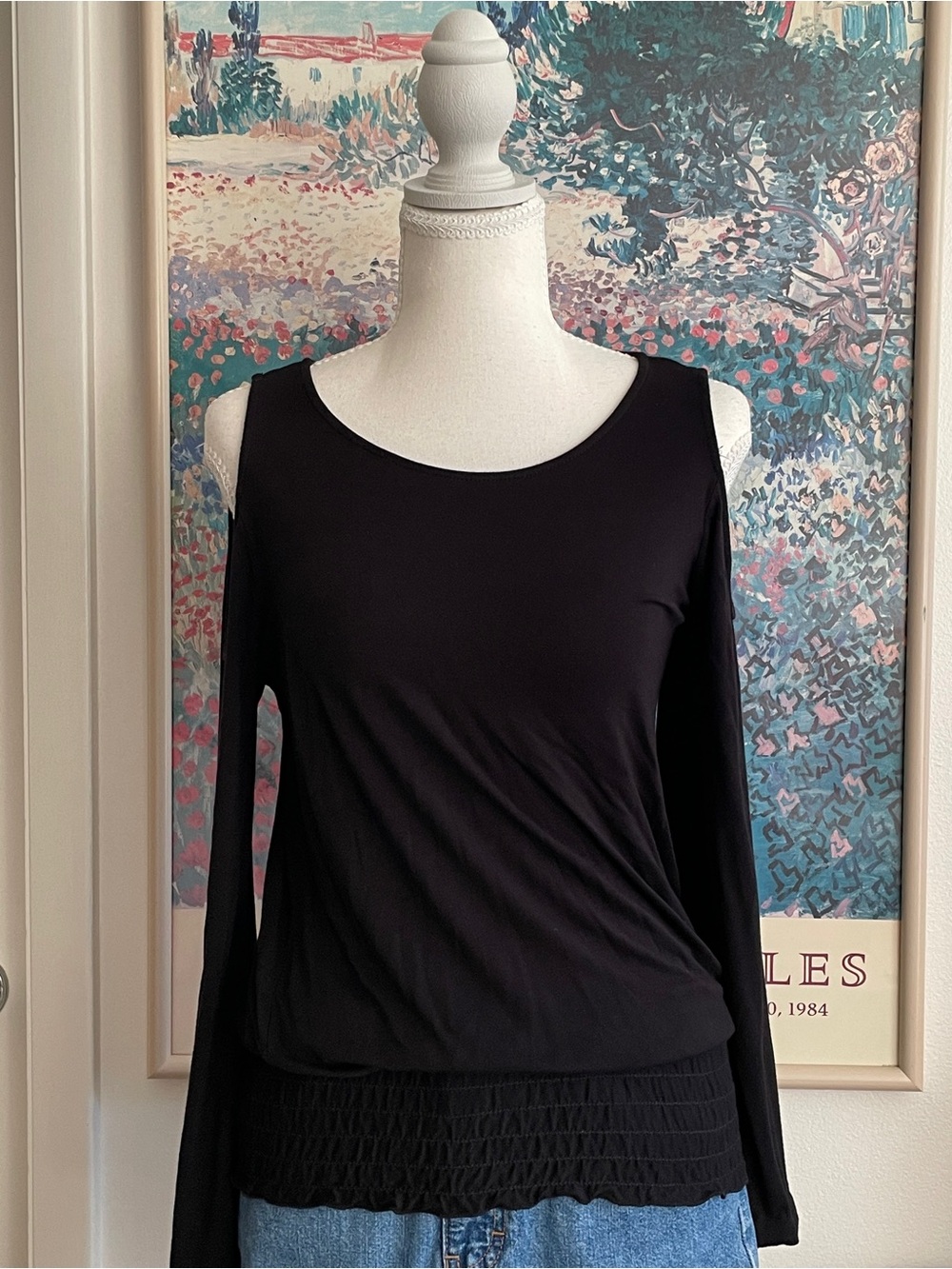 Venus Black Cutout Shoulder Bell Sleeve Top Small Scoop Neck Boho Witchy Goth
